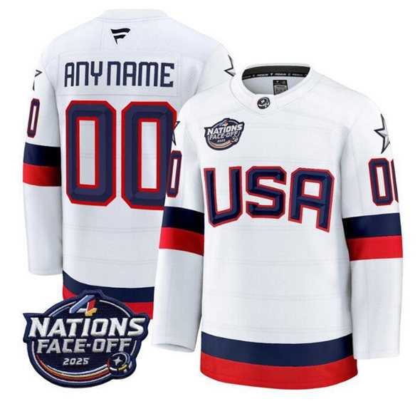 Men%27s USA Active Player Custom White 2025 4 Nations Face-Off Stitched Jersey